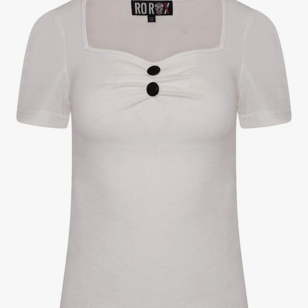 Elegant White Short Sleeve Top with Black Buttons
